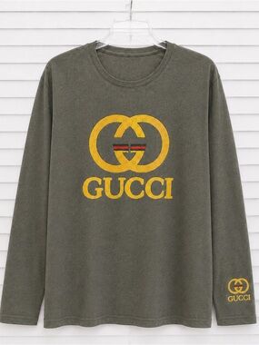 Grayish Olive Long Sleeve Tee with Yellow Logo and Sleeve Emblem